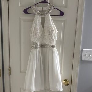 B Darlin Elegant White Midi Dress with Glittering Silver Details